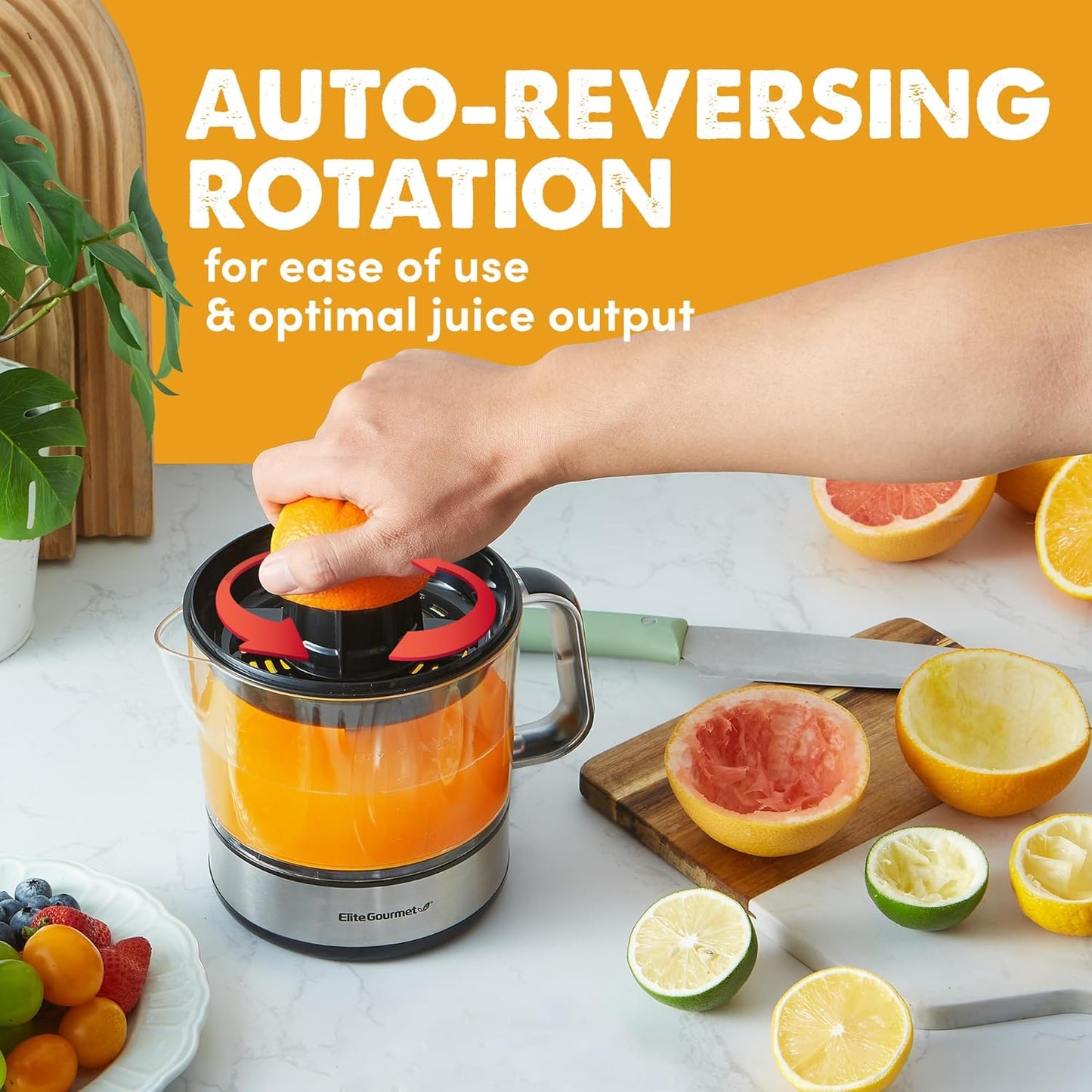 Elite Gourmet ETS623 BPA-Free 40-Watt Electric Citrus Juicer, Compact, Large Volume, Pulp Control, Oranges, Lemons, Limes, Grapefruits with Easy Pour Spout, 24oz, Black/Stainless Steel