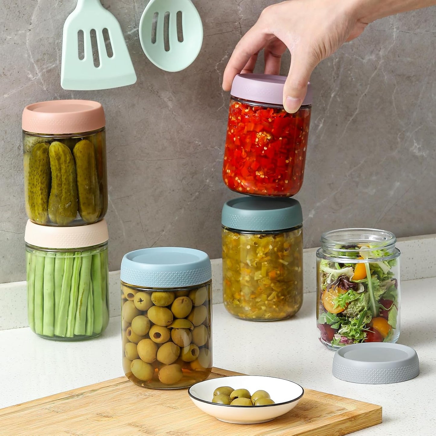 6-pack 16 oz Overnight Oats Containers with Lids, Glass jars with Airtight Lids, Wide mouth Mason Salad jars, Glass Food Storage Containers for Snacks Yogurt Spice Sugar