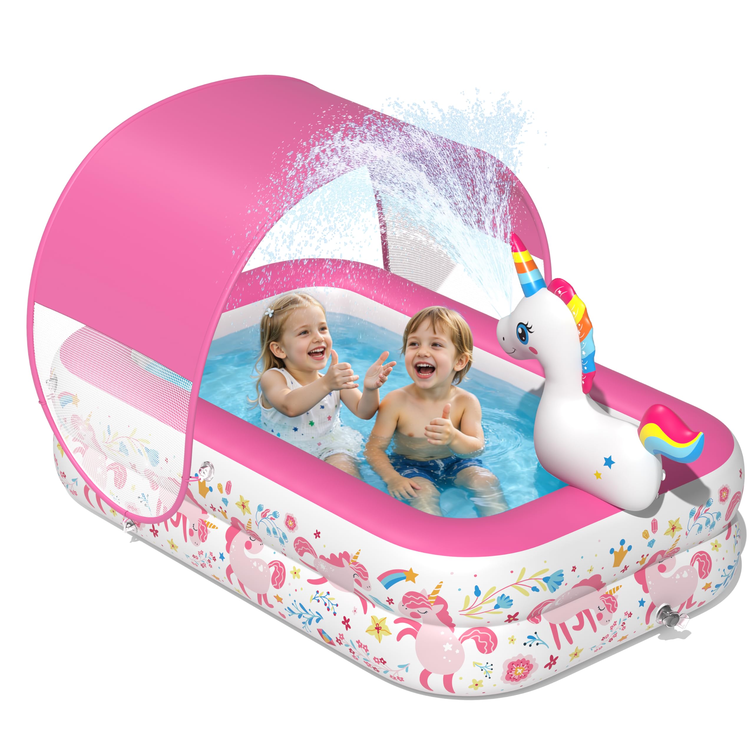 JOSEN Unicorn Kiddie Pool with Canopy and Sprinkler, Inflatable Baby Pool with Soft Cushioned Floor, Portable Toddler Pool Ball Pit for Backyard, Outdoor/Indoor Play Toys Girls Birthday Gift(Pink)