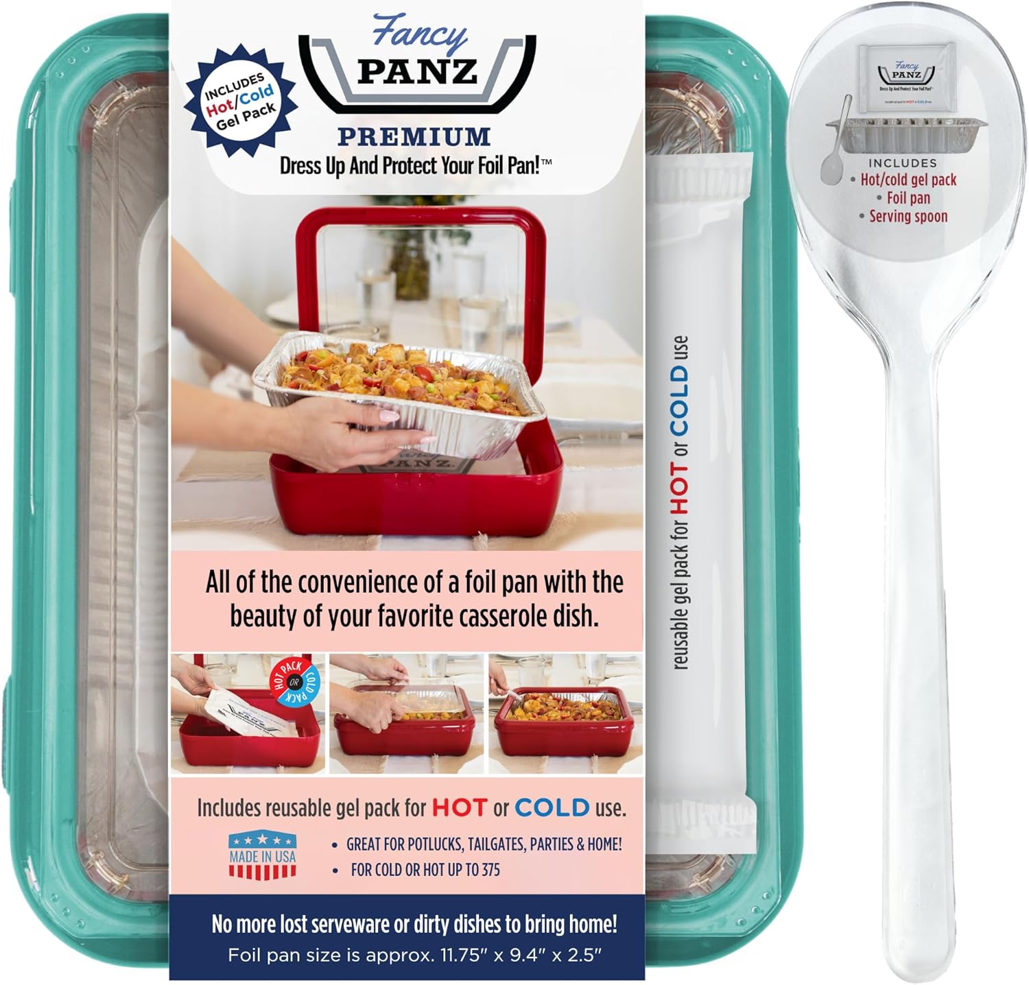 Fancy Panz - Aqua Premium Aluminum Foil Pan Carrier with Lid & Hot/Cold Pack - Elevated Food Serving Tray - Portable Casserole Carrier with Lid - Made in the USA Hosting Essentials