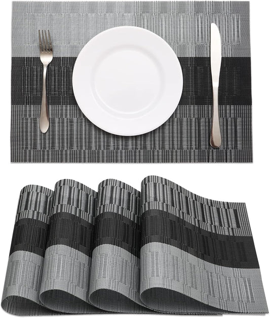 HeloHo Black Placemats Set of 4 Heat-Resistant Washable Place Mats Non-Slip Vinyl Woven Table Mats Wipeable Placemat for Kitchen Dining Table Decoration Indoor Outdoor