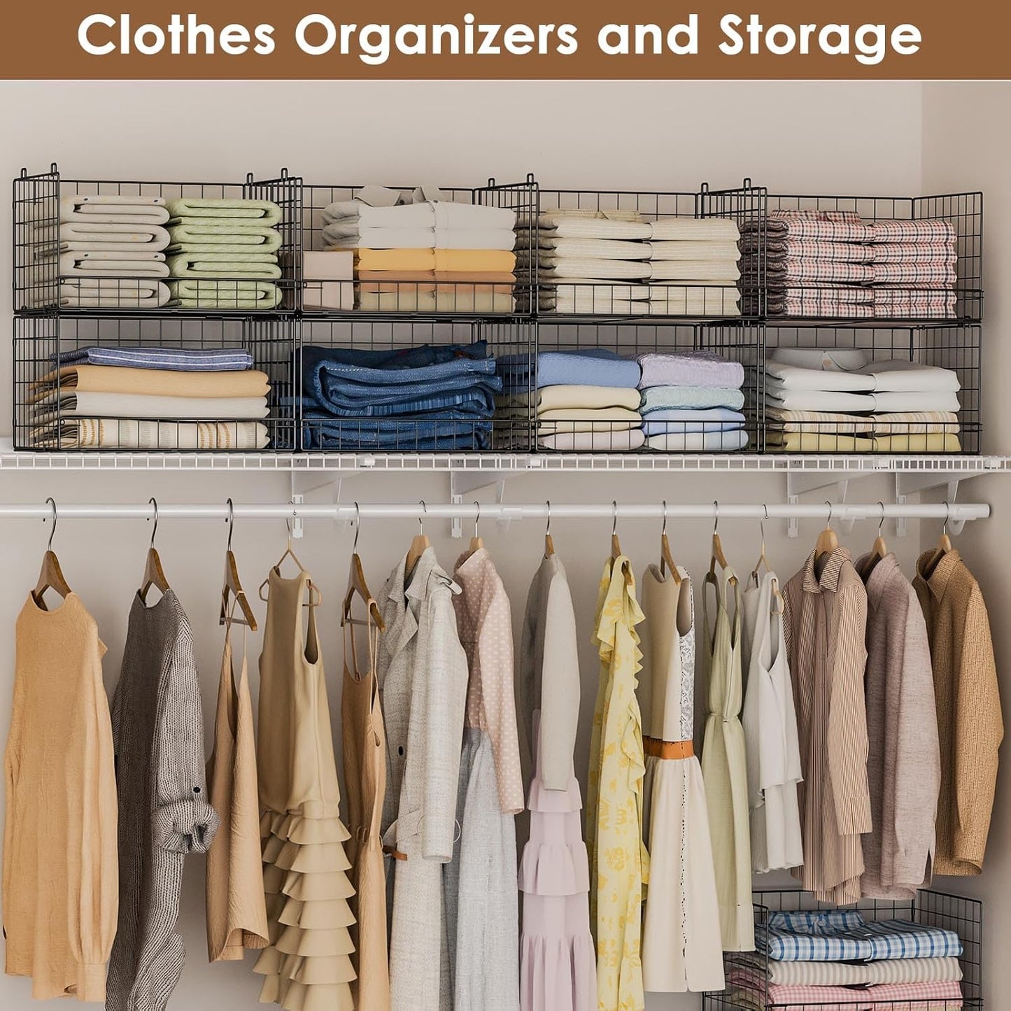 4-Tier Stackable Closet Organizers and Storage Shelves, Clothes Shelf Organizer Basket Bins, Foldable Sweater Storage for Closet Organizer System, Black (Patent Pending)