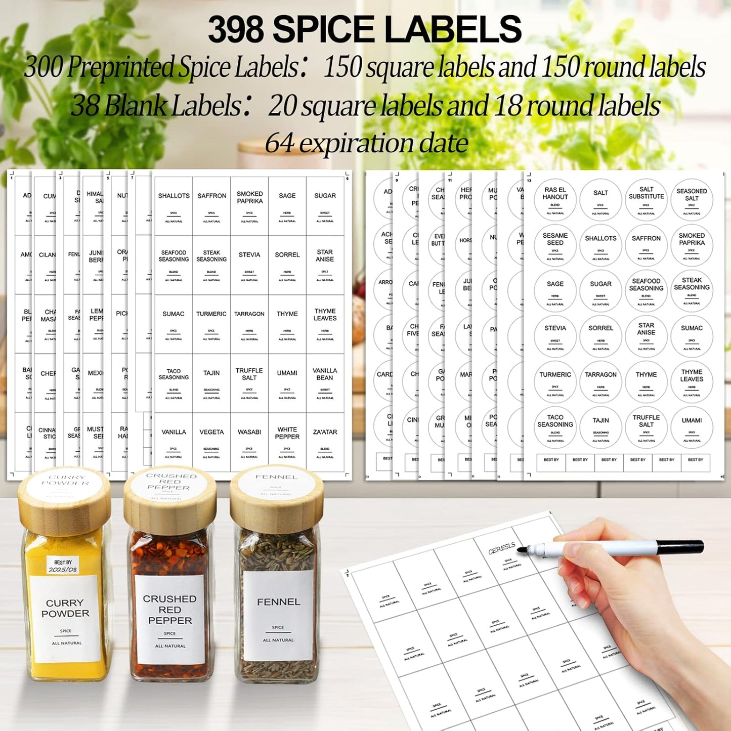 AISIPRIN Glass Spice Jars with 398 Labels, 24 pcs 4oz Spice Containers with Bamboo Lids, Square Spice Bottles With Shaker Lids,Spice Organization for Cabinet,Drawer,Rack,Seasoning Organizer