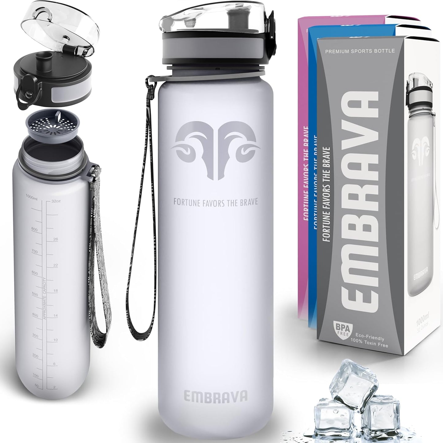 Embrava Sports Water Bottle - 32oz Large - Fast Flow Quick Sip Lid - BPA & BPS Free - Leakproof, Flip Top - Lightweight & Sturdy Tritan Plastic - Strainer for Fruit & Ice