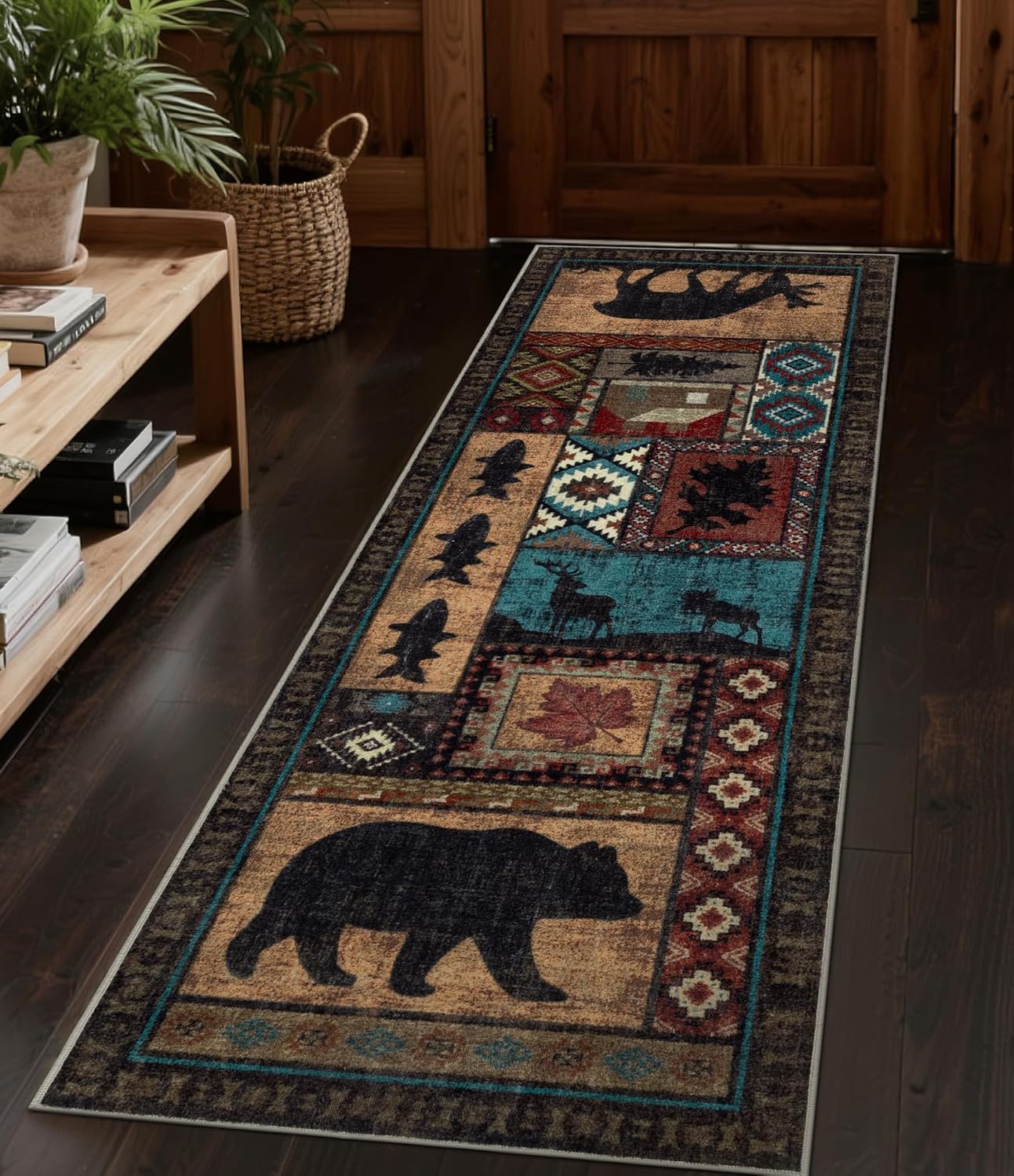 Hallway Runner Rug 2x6 Indoor Door Mat - Bear Rustic Cabin Non-Slip Entryway Rug, Low Pile Tribal Print for Kitchen, Bedroom