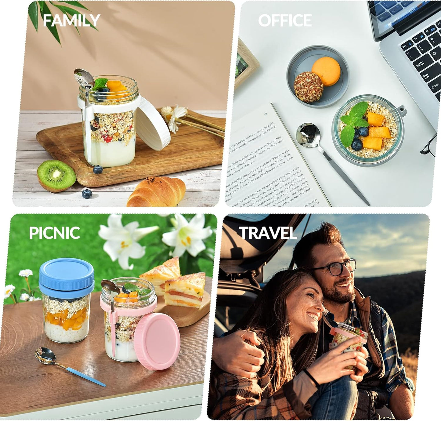 4 Pack Overnight Oats Containers with Lids and Spoons - DRKIO 16 Oz Glass Mason Jars for Overnight Oats Leak Proof Oatmeal Container Great for Cereal Fruit Vegetable Milk Salad Yogurt Meal Prep