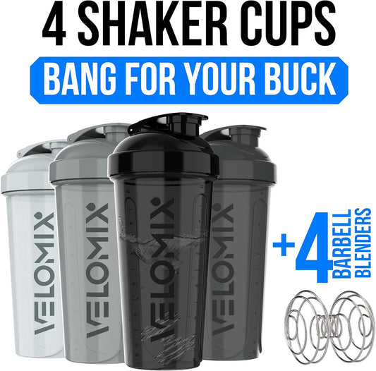VELOMIX -4 Pack- 28 oz Protein Shaker Bottles for Protein Mixes - 4x Wire Whisk | Leak Proof Shaker Cups for Protein Shakes | Protein Shaker Bottle Pack (Silver Mix)
