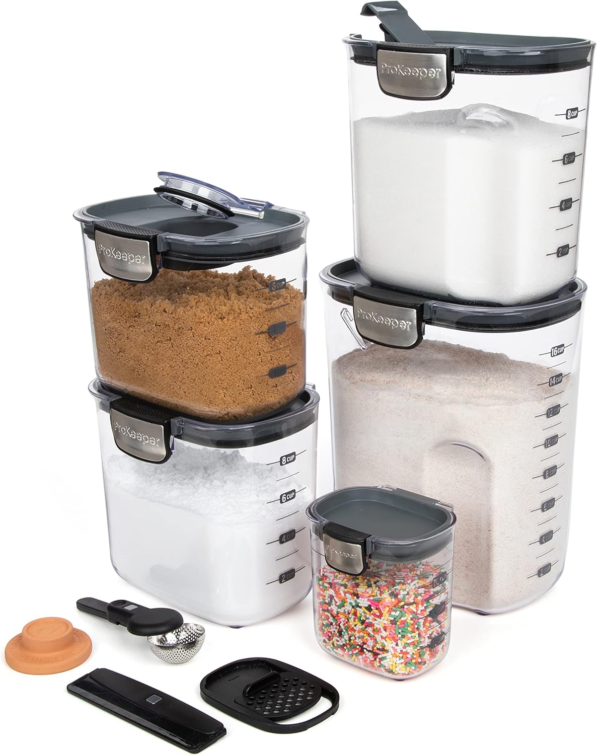 ProKeeper+ Airtight Food Storage Container Set – Clear Plastic Flour and Sugar Canister Set with Magnetic Accessories for Kitchen Organization (Grey, 9-Piece)