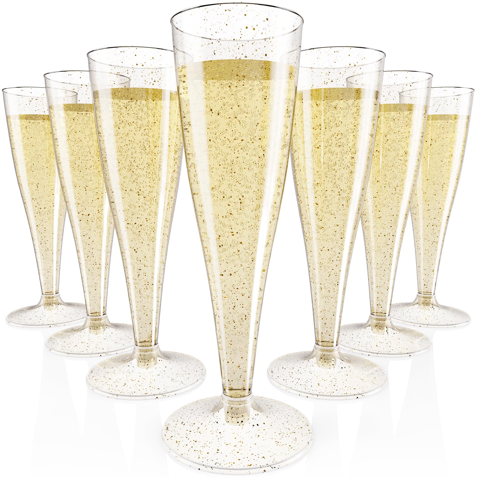 JOLLY CHEF 100 Pack Plastic Champagne Flutes Disposable 4.5 oz Gold Glitter Plastic Champagne Glasses for Wedding, Thanksgiving Day, Christmas