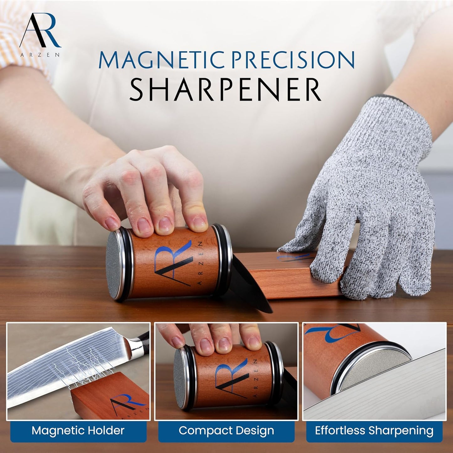 ARZEN Professional Rolling Knife Sharpener with Anti Cut Gloves – Kitchen Knife Sharpener with Magnetic 15° & 20° Angle Base, Replaceable Diamond & Ceramic Discs – Easy Knife Sharpening Tools