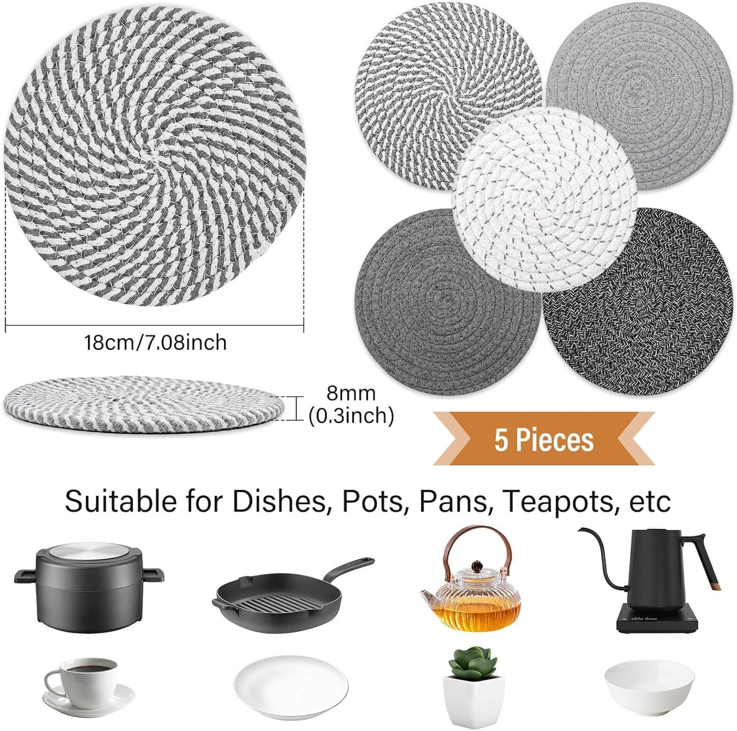 Tidponra Trivet Mats Set for Hot Dishes, 5 Heat Resistant Pot Holders Kitchen Counter, Table, Home Essentials, Anti Stain Hot Pads Plate Mats for Hot pots and Pans, 7 Inches