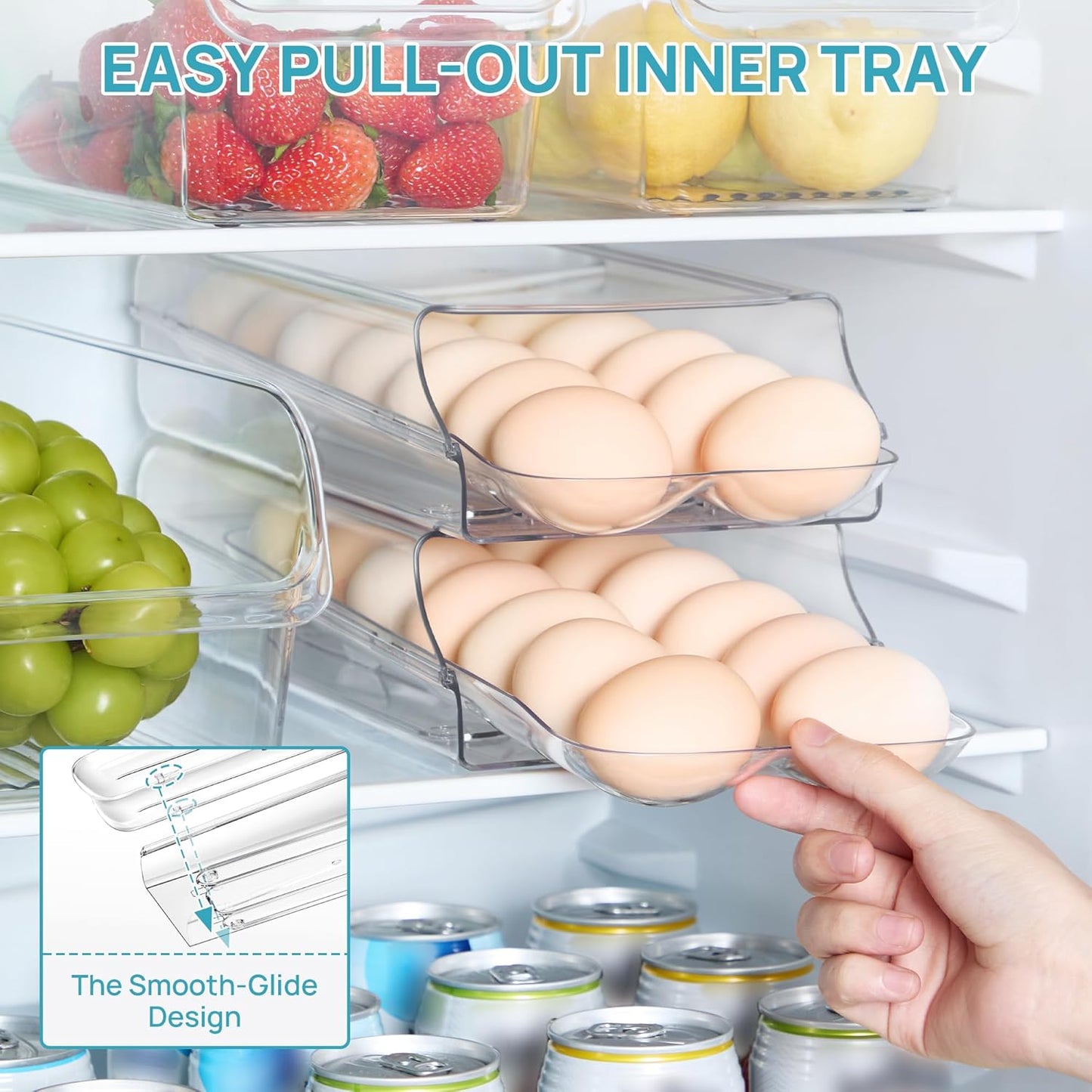 Vtopmart Clear Plastic Egg Holder for Fridge, Automatic Rolling Egg Container for Refrigerator, Stackable 14-Count Eggs Organizer with Removable Inner Tray, Fridge Organizers and Storage, 2Pack