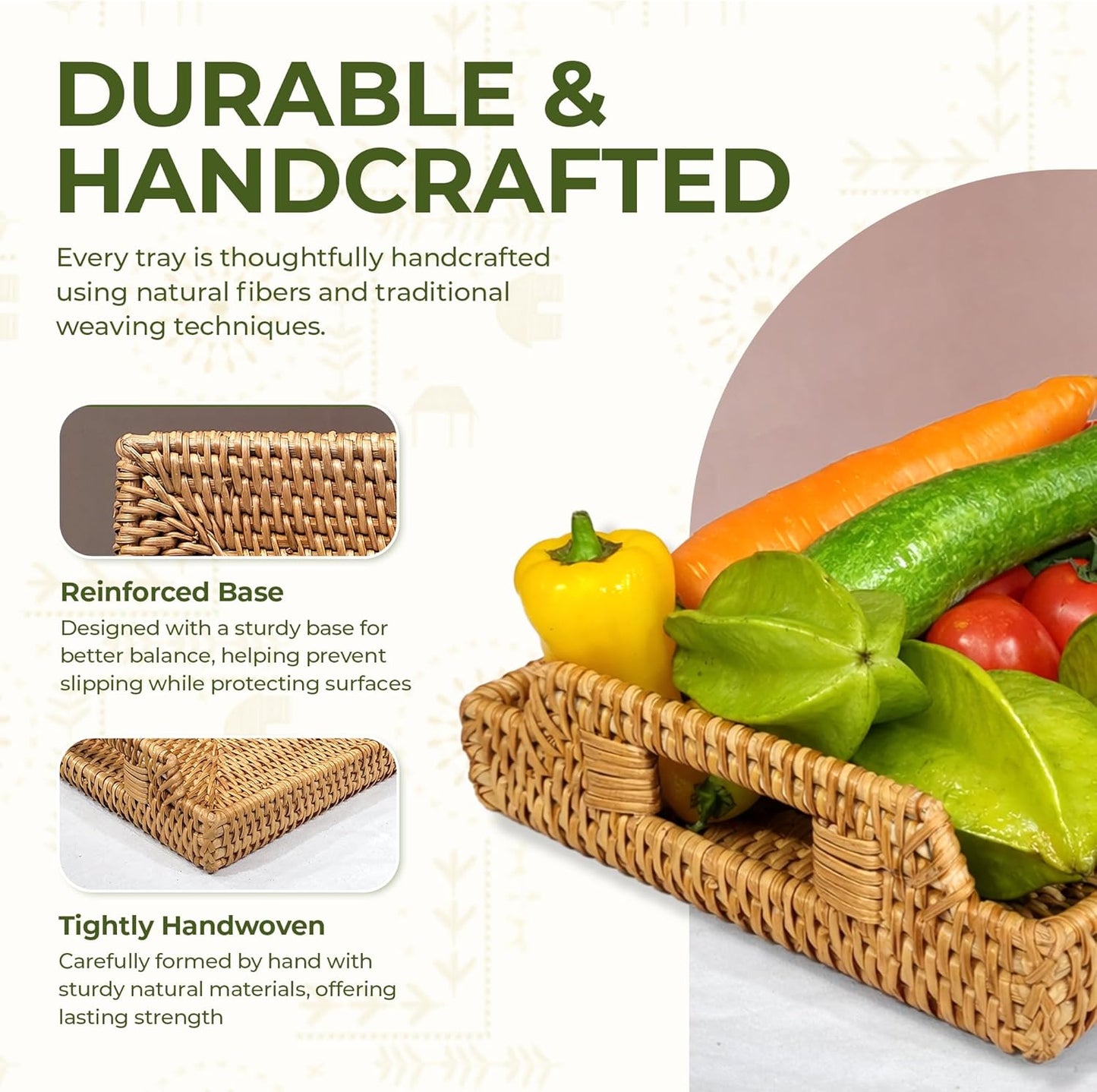 Rattan Serving Tray with Handles (11.4 x 16.9 x 2 in) – Handwoven Wicker Tray for Coffee Table, Breakfast, Ottoman & Home Decor, Natural Woven Tray