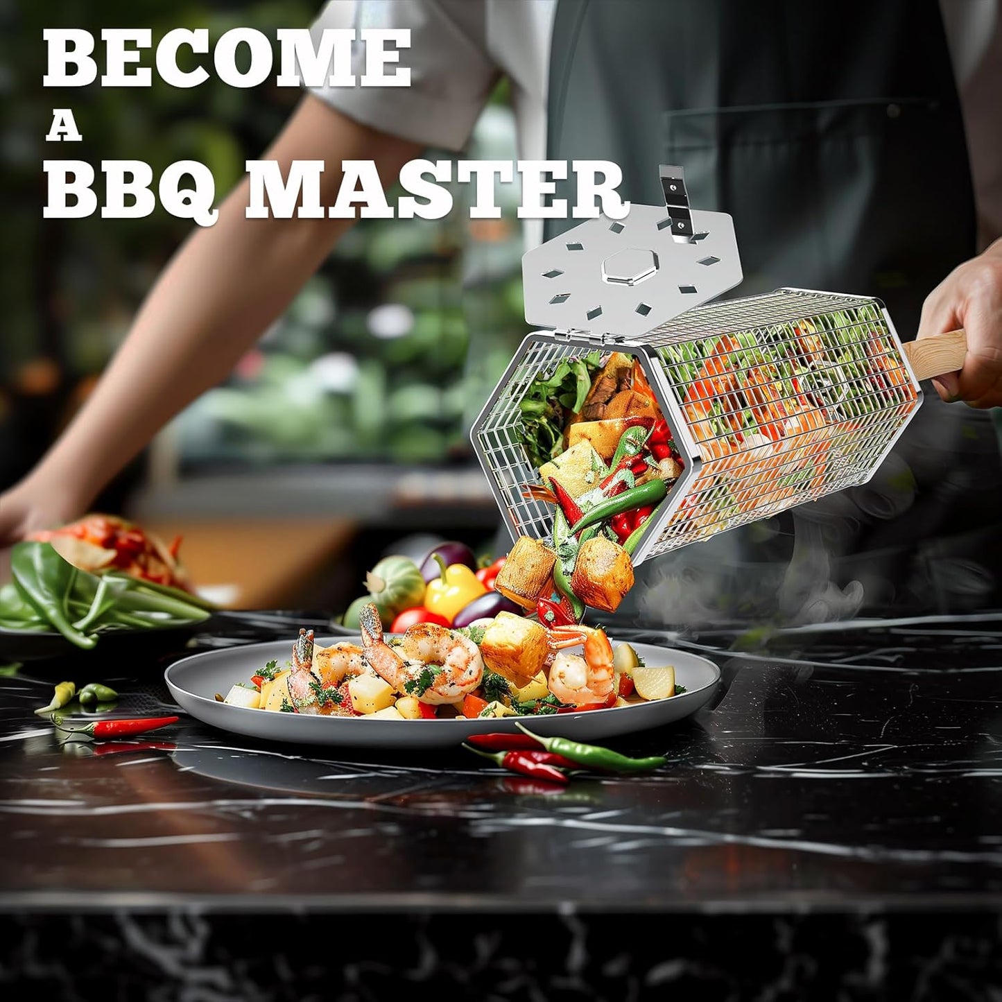 Rolling Grill Basket, Removable Wooden Handle, 304 Stainless Steel, Nesting Grilling Tools, Smoker BBQ Accessories for Vegetable, Outdoor Cooking Camping, Birthday Gifts for Men Dad Husband