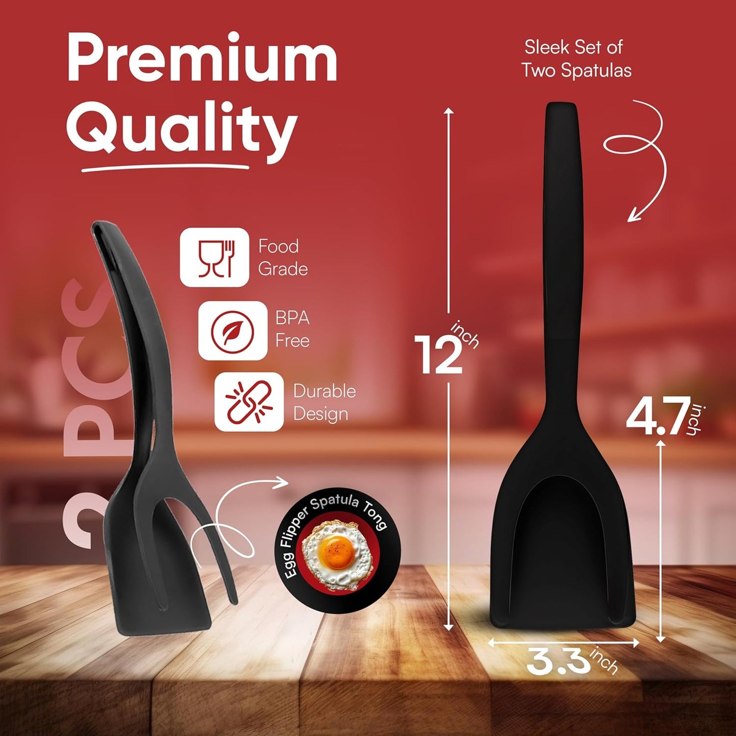 ZONZEST Egg Flipper Spatula Tongs (Set of 2) – Non-Stick 2-in-1 Grip & Flip Kitchen Tongs for Pancakes, Fish, Eggs, and More – Heat Resistant Cooking Tool (Black)