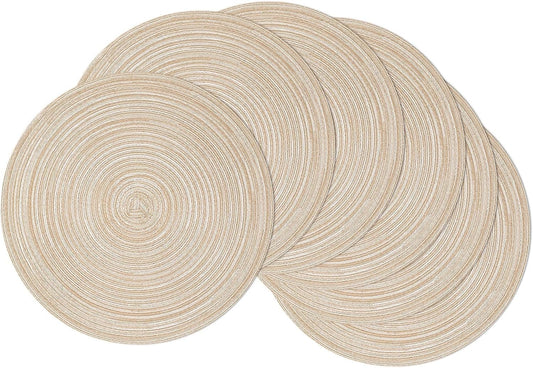 SHACOS 15 inch Round Braided Placemats Set of 6 Cotton Polyester Place Mats Non Slip Heat Resistant Washable Table Mats for Kitchen Dining Party Table Decor (Beige, 6)