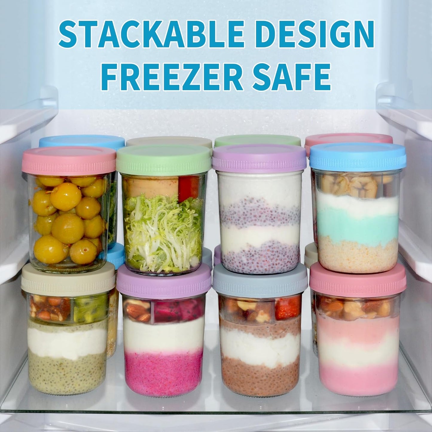 16 oz Overnight Oats Containers with Airtight Lids - 6-Pack Leak-Proof Wide Mouth Mason Jars & Divided Cups for Dried and Wet Foods, Glass Jars for Chia Pudding, Salad, Snacks, and Yogurt