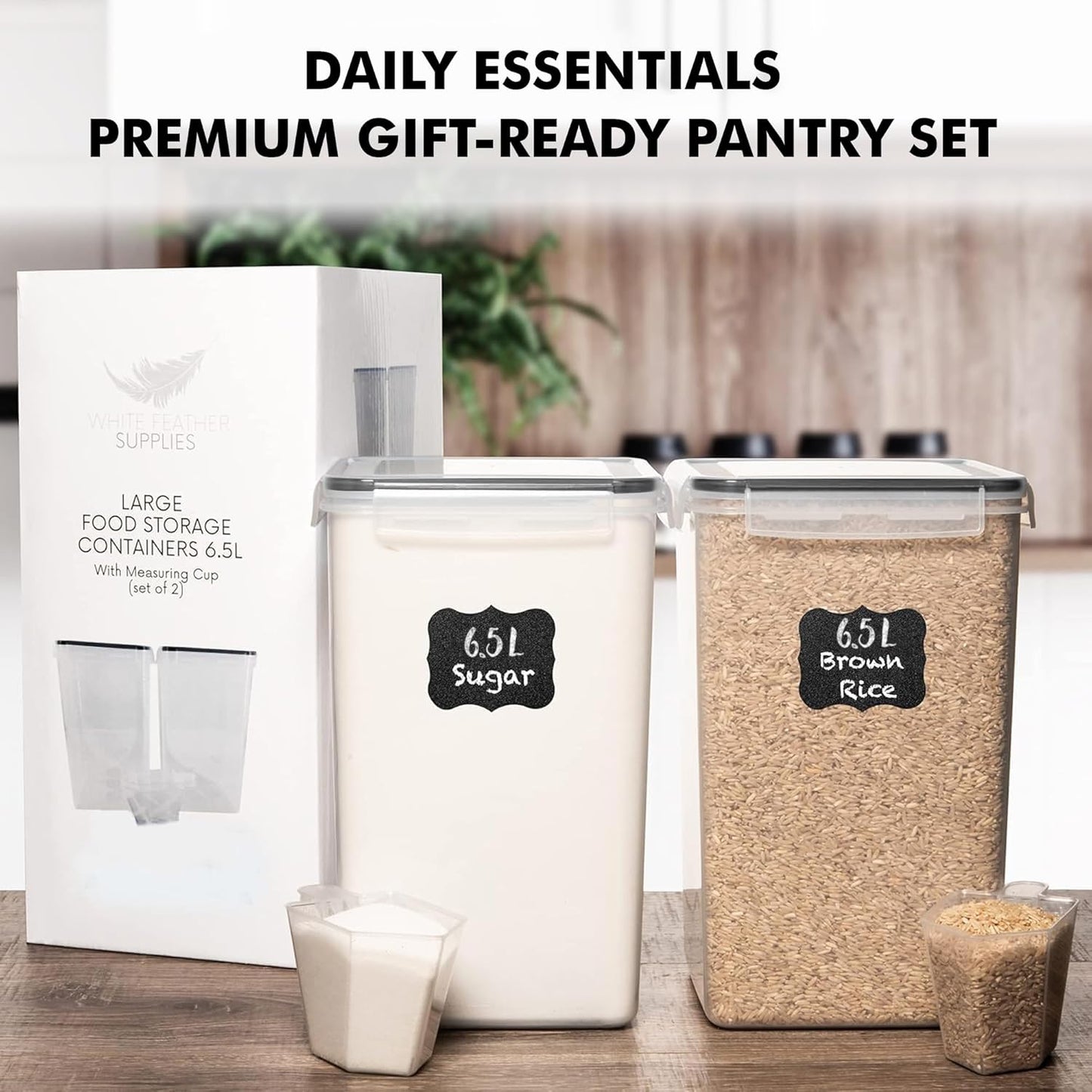 WHITE FEATHER SUPPLIES 2 PC [6.5L / 220 Oz] Large Food Storage Containers with Lids Airtight - BPA Free Clear Plastic Kitchen and Pantry Storage Containers, Bulk Storage for Cereal, Flour, Sugar, Rice