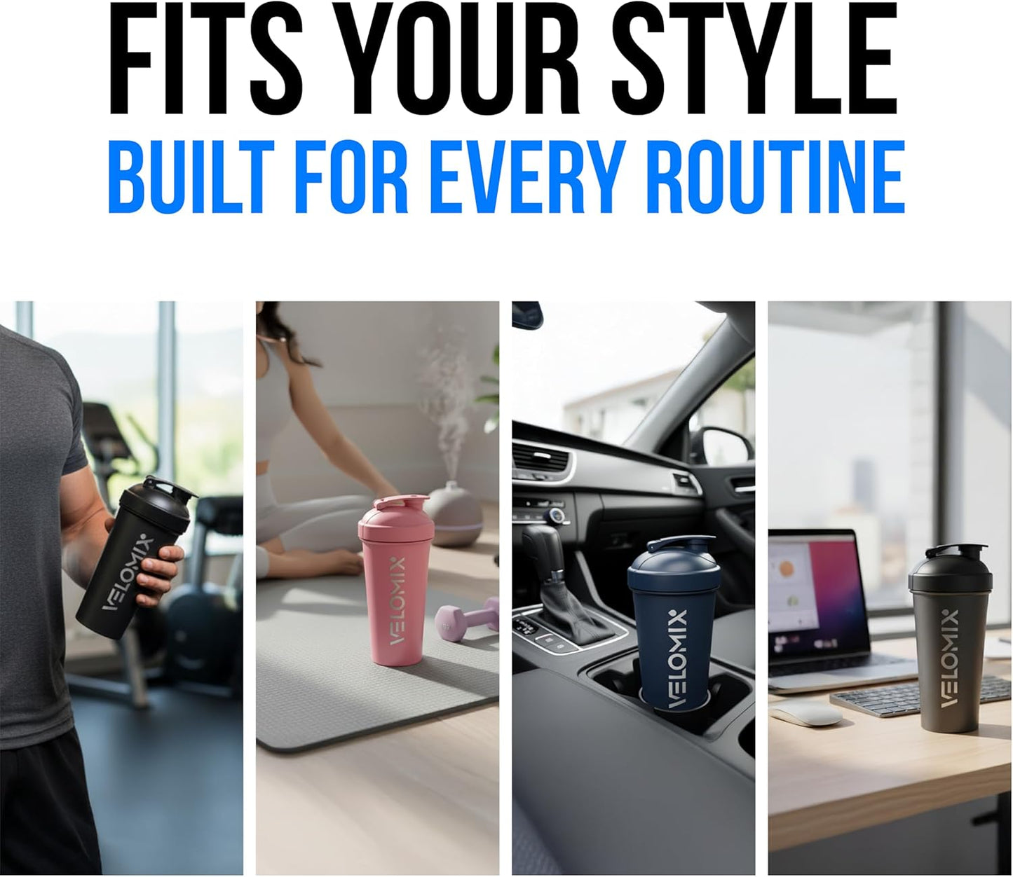 VELOMIX 24 oz Stainless Steel Shaker Bottle with Wire Whisk - Leakproof, No Clumps, Odor Resistant Metal Shaker Bottle, Insulated Shaker Cups for Protein Shakes, Pre Workout and Smoothie (Black)