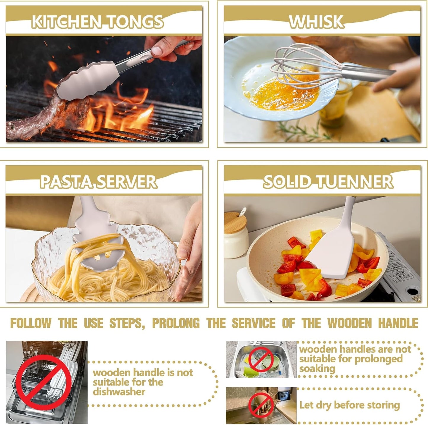 Cooking Utensils Set- Umite Chef Khaki Silicone Kitchen Utensils Set, 34PCS Heat Resistant Kitchen Gadgets Tools Set with Grater, Wooden Handle Kitchen Spatula Set for Nonstick Cookware