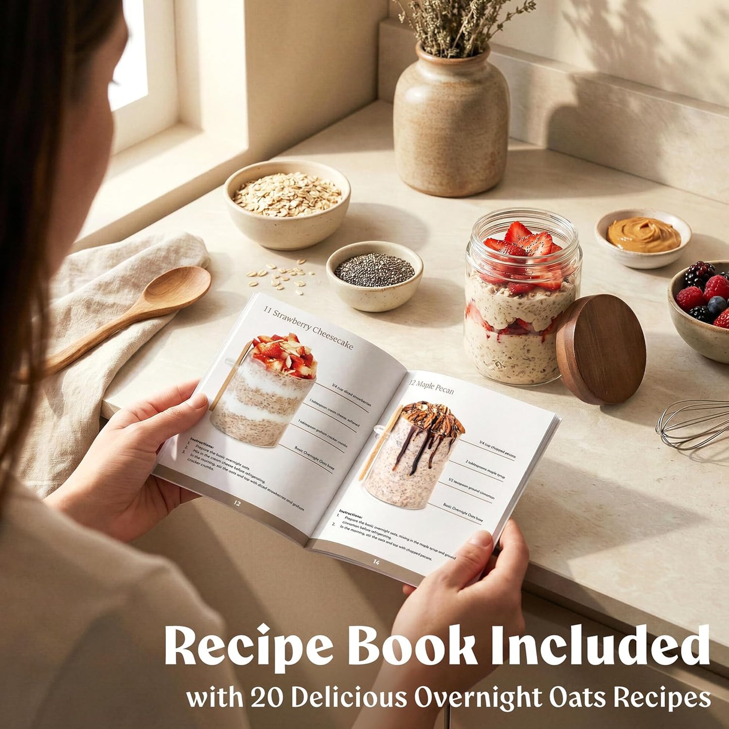 Overnight Oats Containers with Lids Acacia (4 x 16oz) Glass Jars for Oatmeal, Meal Prep, Food Storage | Leak-Proof Mason Jars for Oats, Cereal, Yogurt, Chia Pudding [Thicker Glass 3mm]