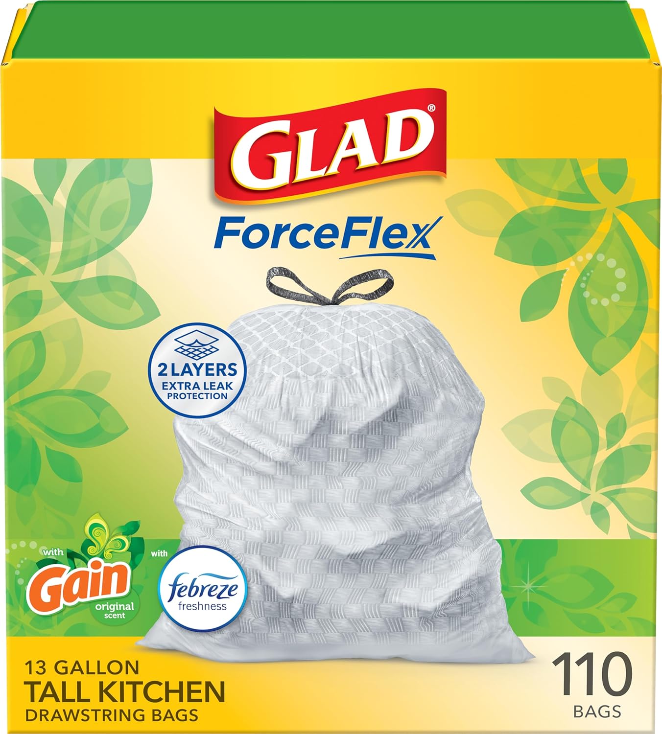 Glad ForceFlex Tall Kitchen Drawstring Trash Bags, 13 Gal, Gain Original, 110 Ct (Package May Vary)