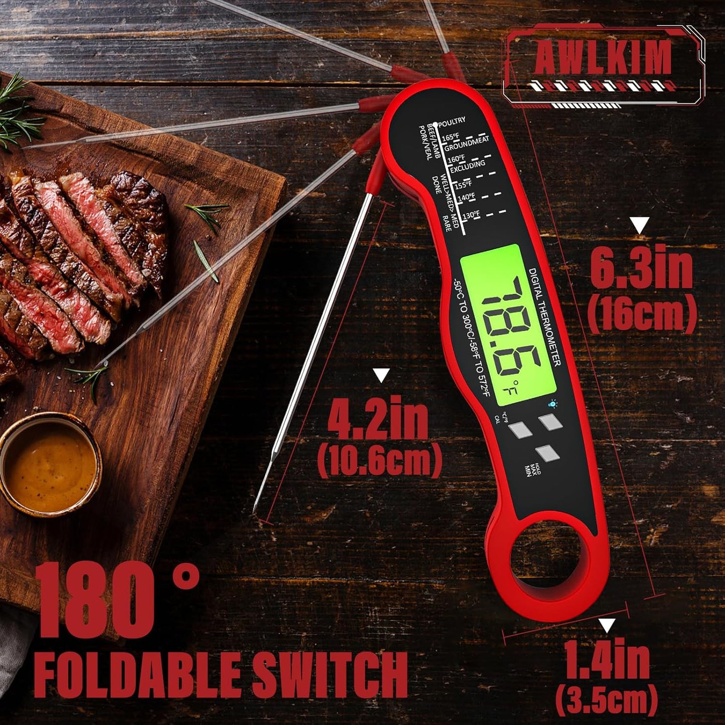 Meat Thermometer Digital - Instant Read Waterproof Food Thermometer with Backlight for Cooking, Grill, Candy, Kitchen & Stocking Stuffers for Men - Red