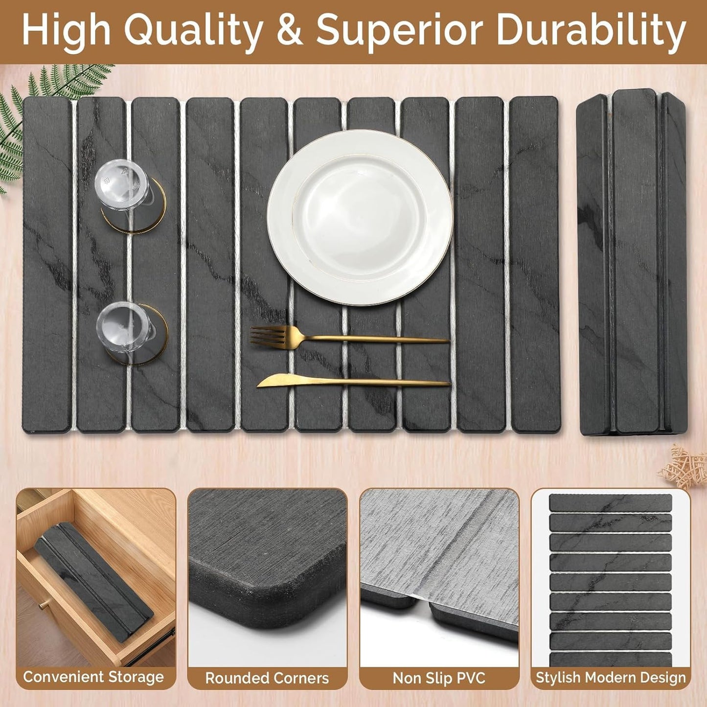 Large Stone Dish Drying Mat for Kitchen Counter,2 PCS Quick Dry Stone Dishes Mats,Foldable Water Absorbing Diatomaceous Earth Drying Pad for Countertop Bottles Utensils Cups(Dark Gray 24"×16" & 8"x4")