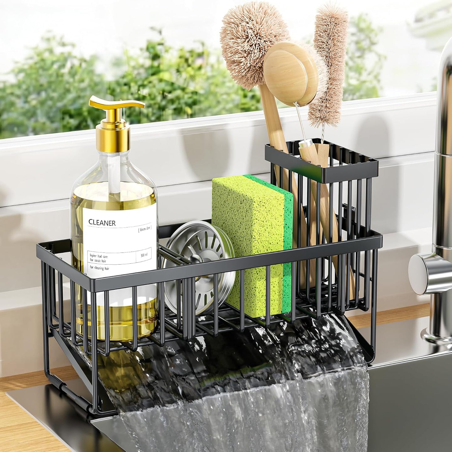 Cisily Kitchen Sink Caddy Organzier with High Brush Holder, Sponge Holder for Sink, 304 Rustproof Stainless, Kitchen Countertop Soap Dispenser Organizer