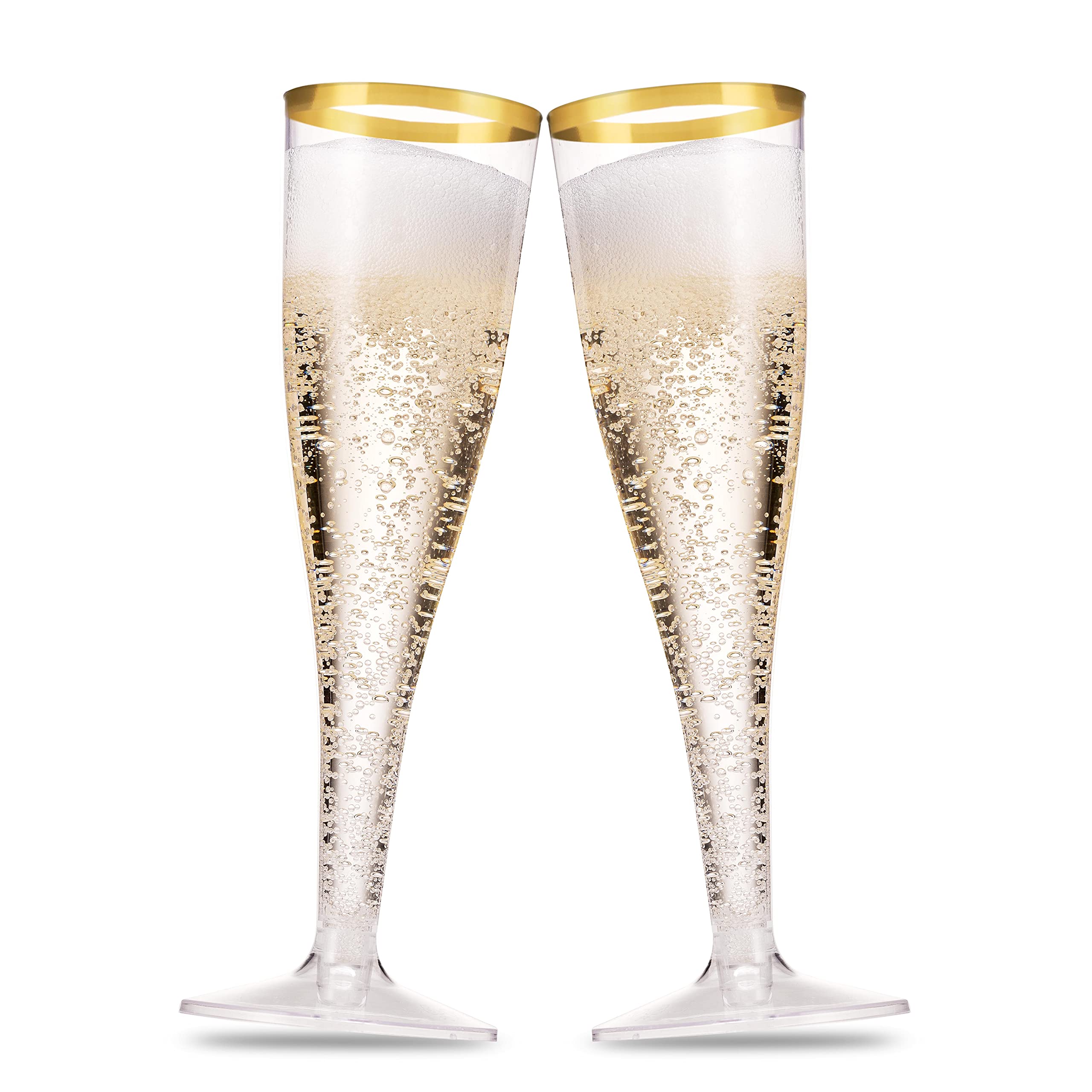 Munfix 100 Pack Gold Plastic Champagne Flutes, 5 Oz Clear Plastic Toasting Glasses Fancy Disposable Wedding Party Cocktail Cups with Gold Rim