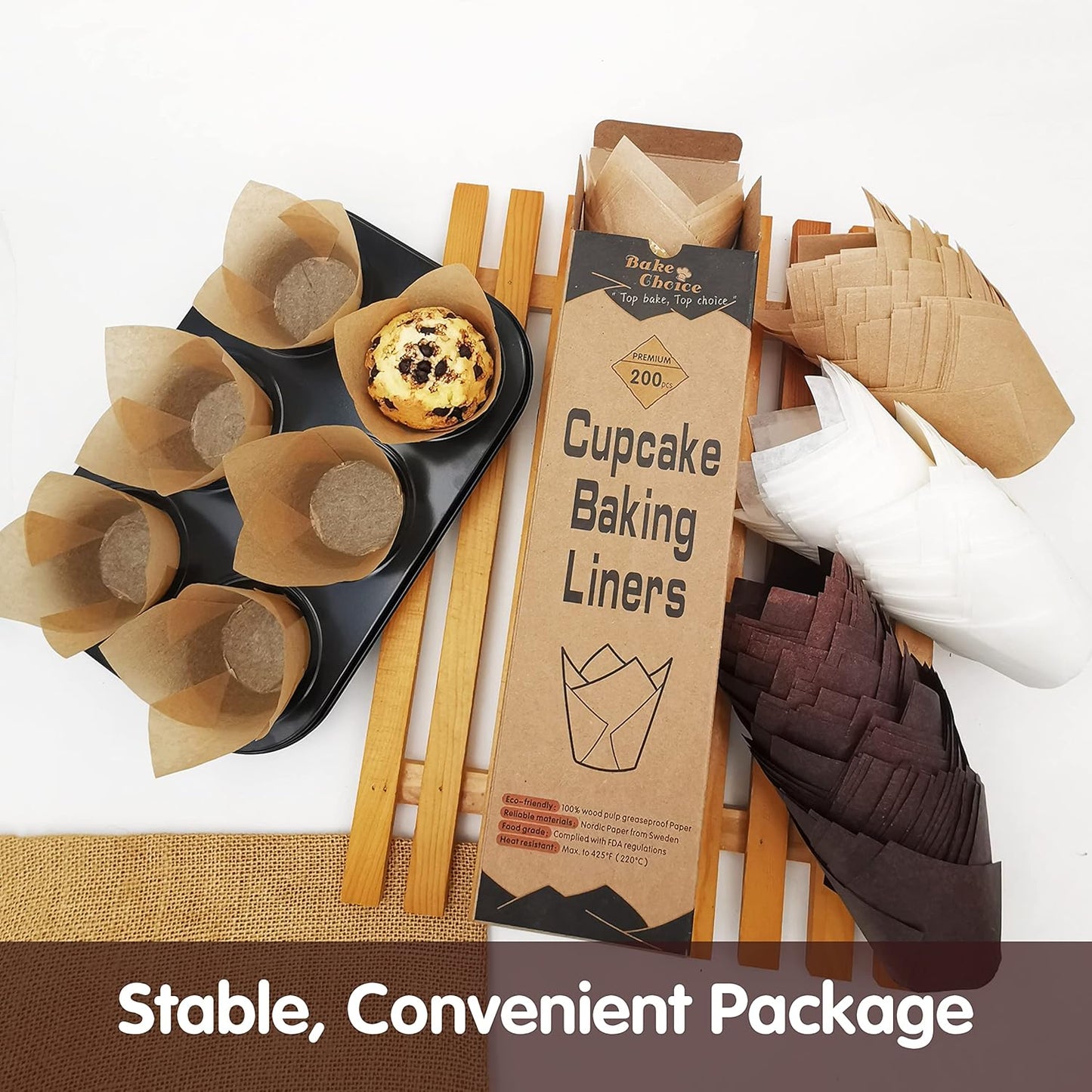 Bake Choice 200pcs Natural Tulip Cupcake Liners for Baking Cups Unbleached European Parchment paper Tulip Muffin Liners, Cupcake Wrapper for Party, Christmas