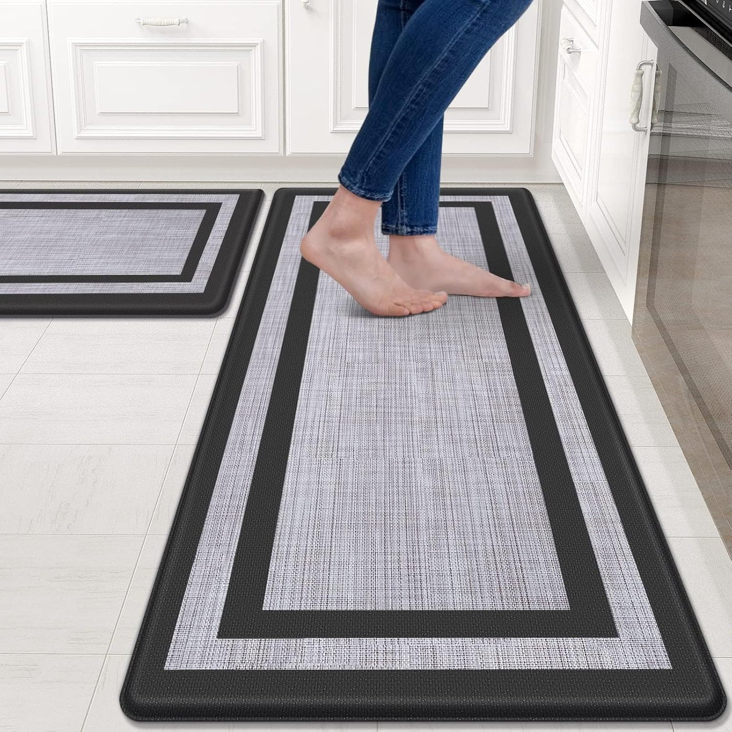 Mattitude Kitchen Mats Set of 2，Cushioned Anti-Fatigue Non-Skid Rug Sets Ergonomic Comfort Standing Mat for Kitchen, Floor, Office, Sink, Laundry, Black and Gray