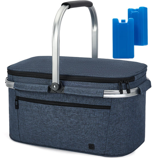 ALLCAMP Picnic Basket - 2 Ice Box Included 32L Insulated Cooler, Thickening Foldable Picnic Basket with Removable Baskets & Sewn-in Frame, Basket for House Warming Gifts New Home(Blue)