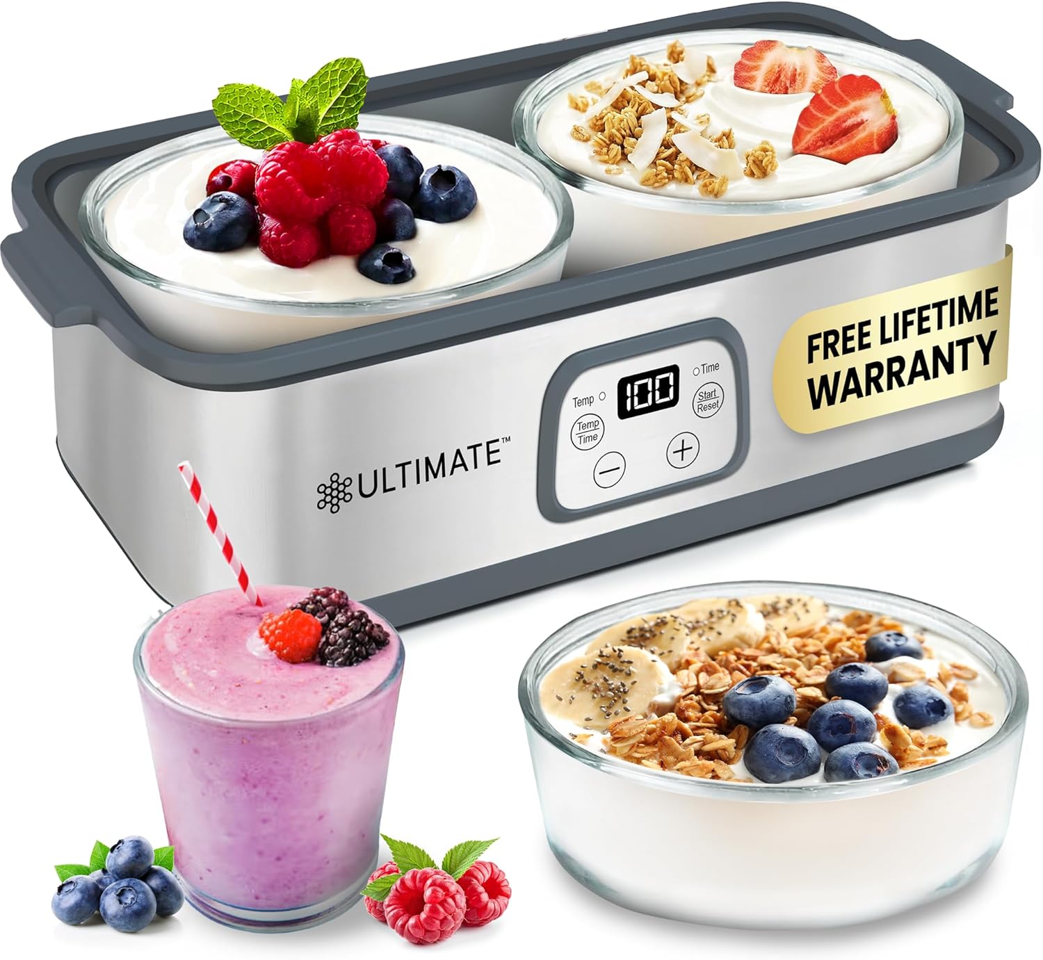 Ultimate Probiotic Yogurt Maker with Adjustable Time & Temp Control - Make Trillions of Live Probiotics with Two 1-Quart Containers for Larger Batches - Greek Yogurt Maker - ULTIMATE LIFETIME WARRANTY