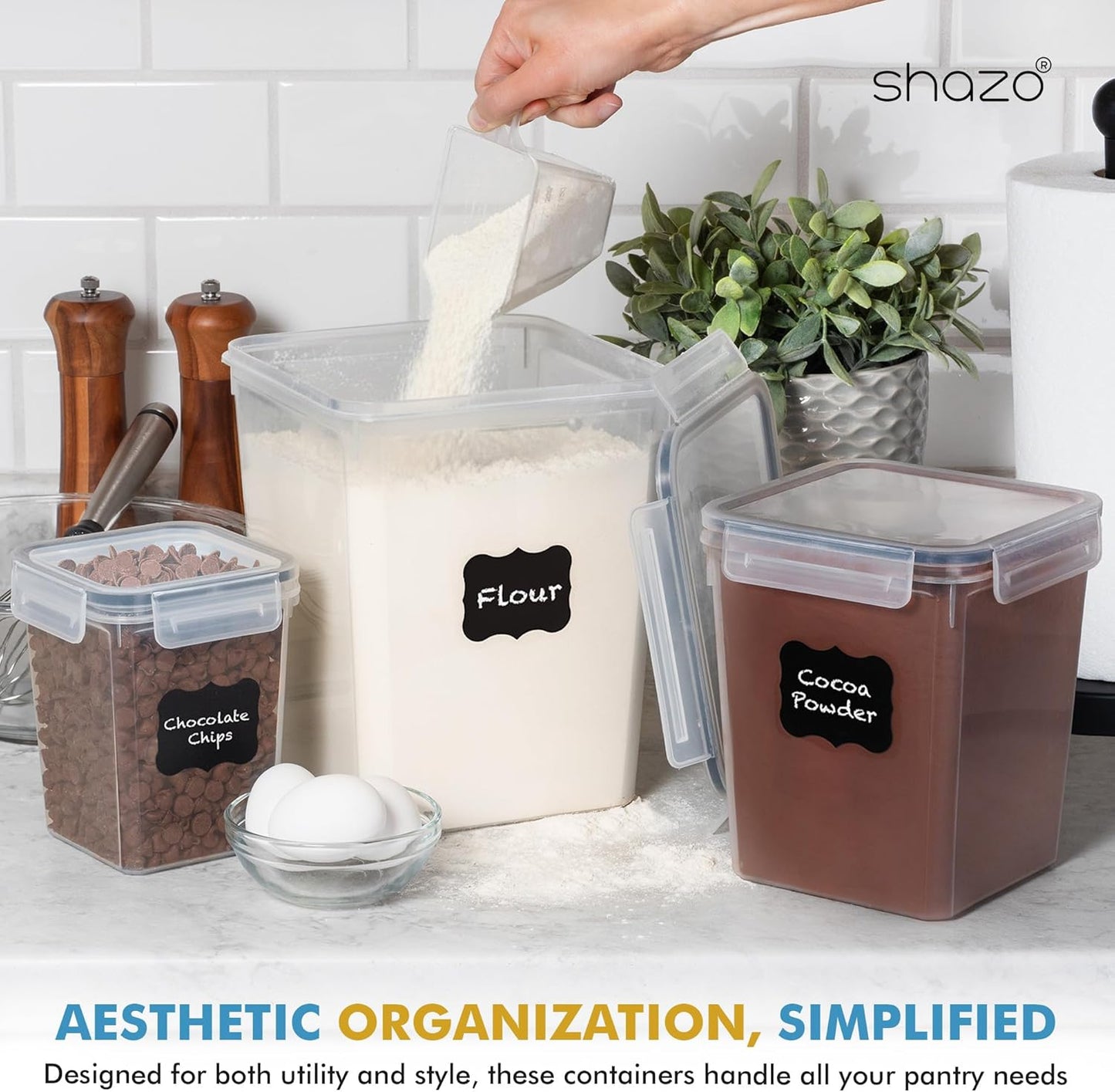 Shazo Flour Sugar Storage Containers Set of 3 (6L, 2.9L, 1.1L) Large Airtight Food Storage Containers with Lids, BPA-Free Plastic Container for Kitchen & Pantry Organizers, Cereal, Rice & Pasta