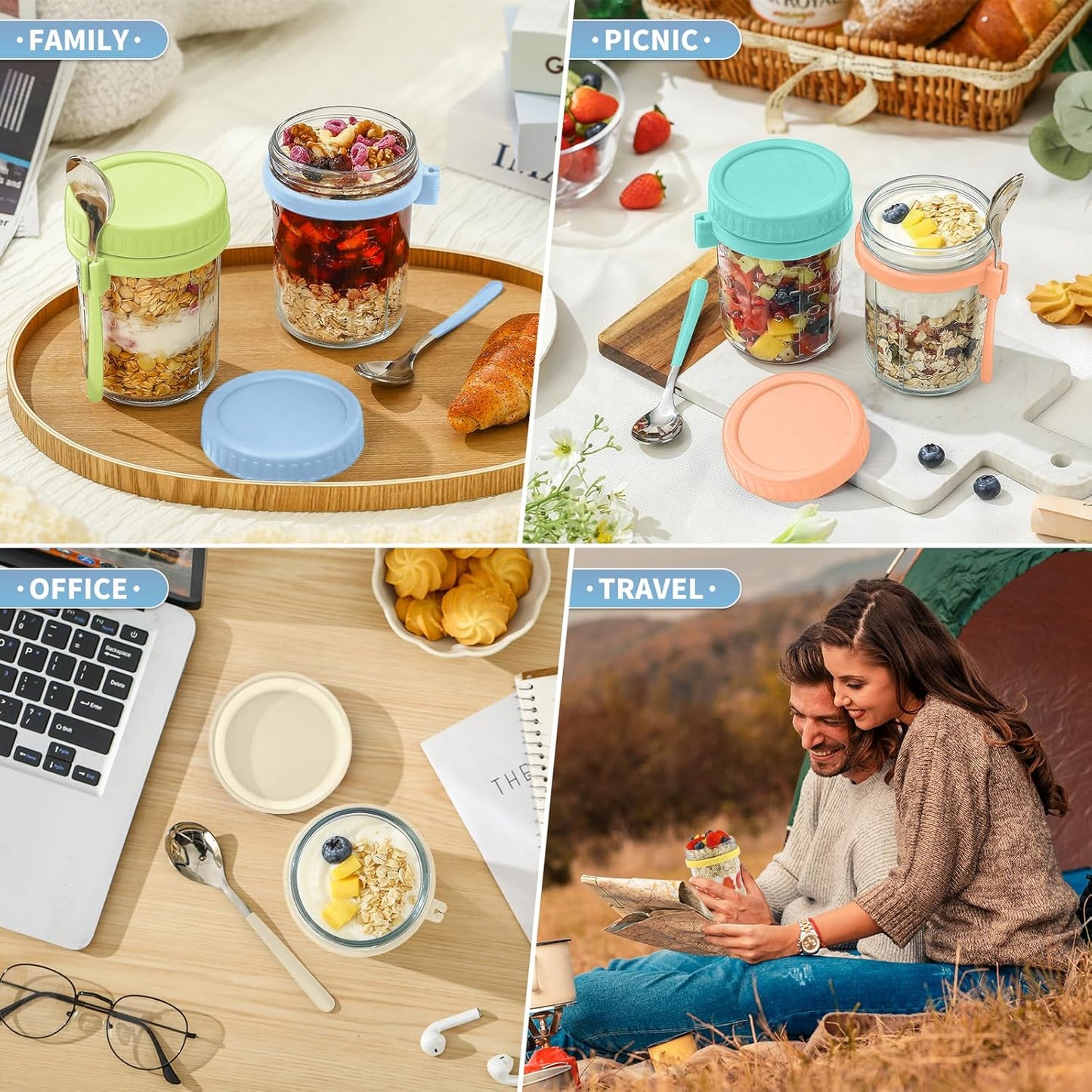 DRKIO 6 Pack Overnight Oats Containers with Lids and Spoons 16 Oz Glass Mason Jars for Overnight Oats Leak Proof Oatmeal Container Great for Cereal Fruit Vegetable Milk Salad Yogurt Meal Prep