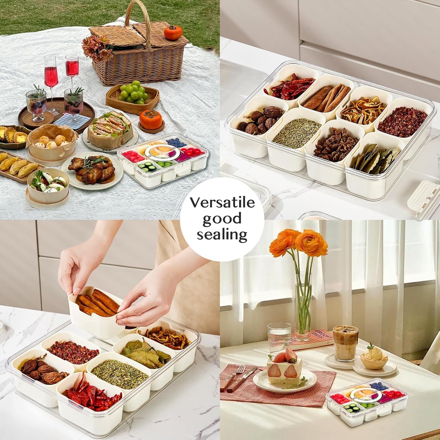 Snackle Box Container,Portable Snack Box 8 Compartment Divided Serving Tray with Lid,Clear Storage Organizer for Fruit Candy Nuts Veggie-Perfect for Road Travel Party (1 Pack-8 Compartments)