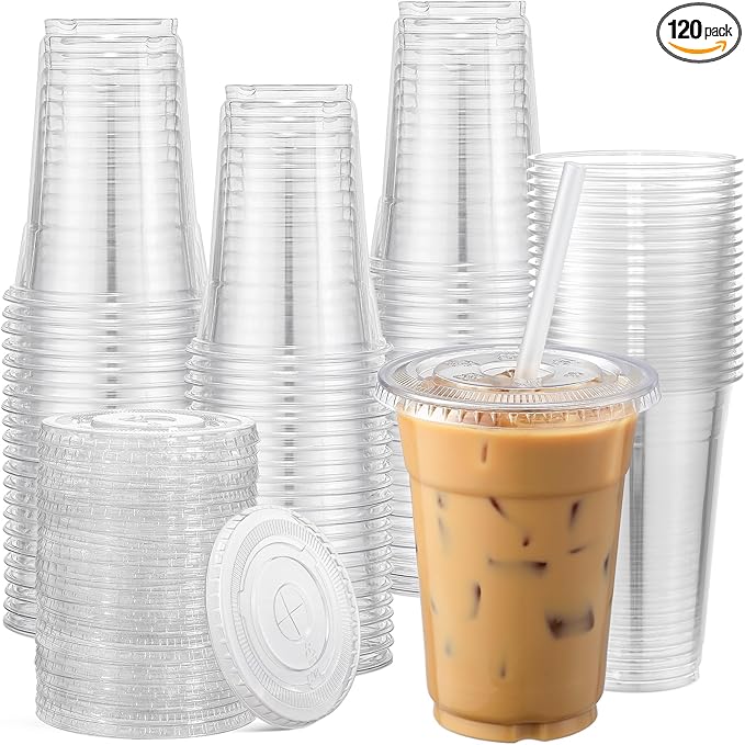 AOZITA 120 Sets - 16 oz Clear Plastic Cups with Lids, Disposable Cups With Straw Slot Lids for Cold Drinks, Milkshake, Smoothie, Iced Coffee and TO-GO Drinkings