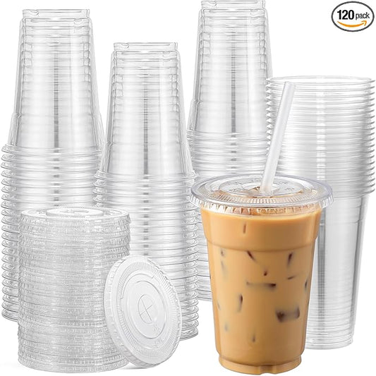 AOZITA 120 Sets - 16 oz Clear Plastic Cups with Lids, Disposable Cups With Straw Slot Lids for Cold Drinks, Milkshake, Smoothie, Iced Coffee and TO-GO Drinkings