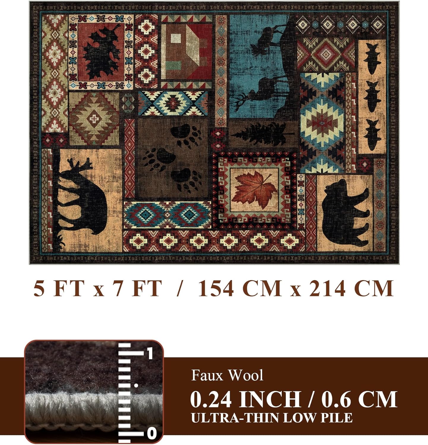 YIHOUSE Rustic Cabin Area Rug 5x7,Machine Washable Lodge Bear Rug,Non-Slip Low Pile Print Pattern Southwestern Rug for Living Room Bedroom