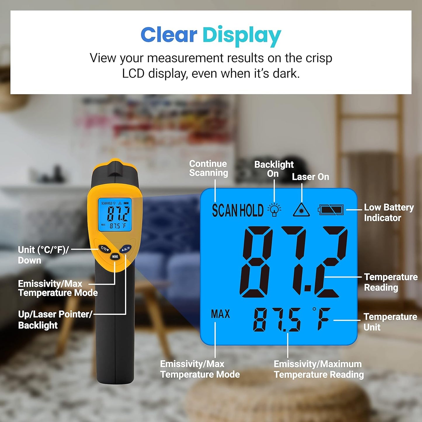 Etekcity Infrared Thermometer Laser Temperature Gun 774, Meat Food Candy Oven Thermometer for Griddle Accessories, Heat Gun for Cooking Refrigerator Tools, Adjustable Emissivity & Max Measure, Yellow