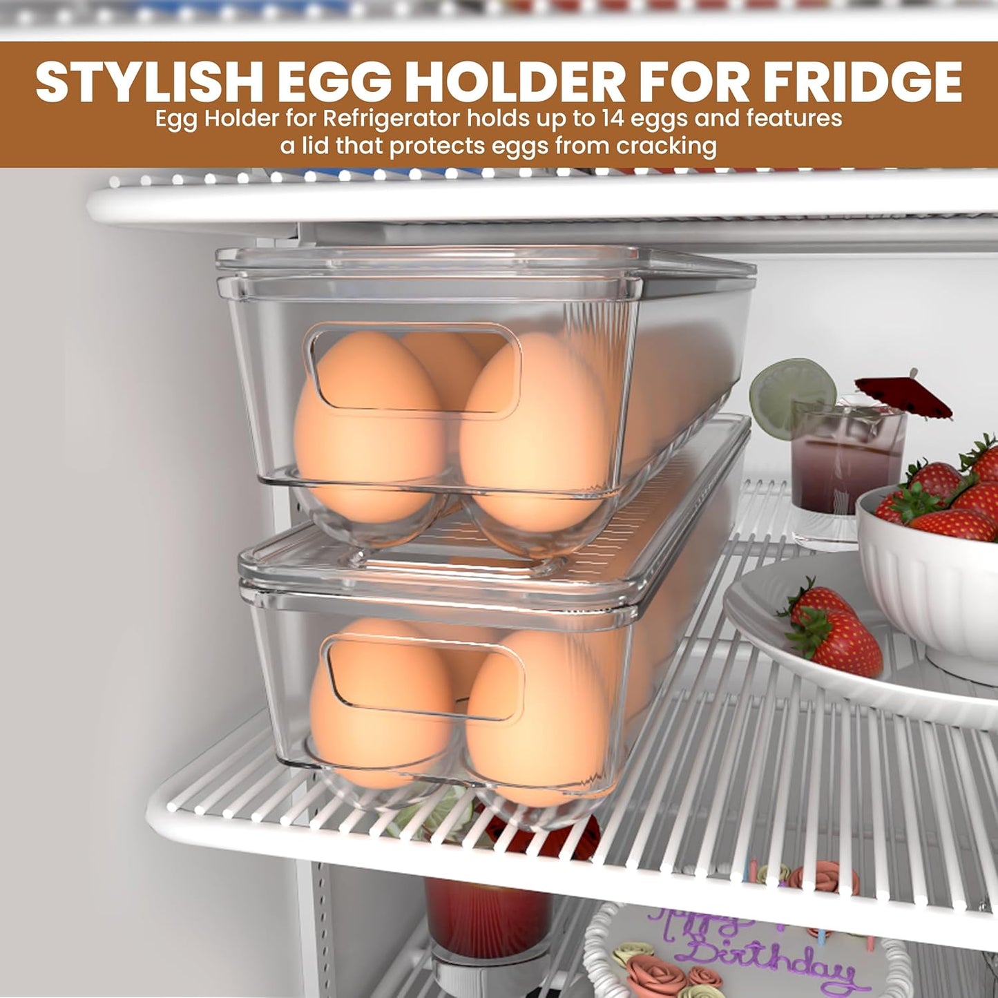 Utopia Home Egg Container With Lid and Handle for Refrigerator Organization- Pack of 2 - Clear Stackable Egg Holder for Kitchen or Pantry Organizers and Storage