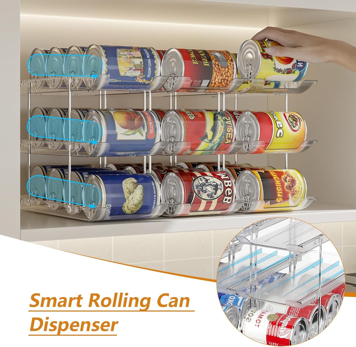 Can Organizer For Pantry Canned Food Goods Organizer For Cabinet Clear Automatic Rolling Can Storage Organizer Pantry Holders Rack, Holds Up to 36 Cans