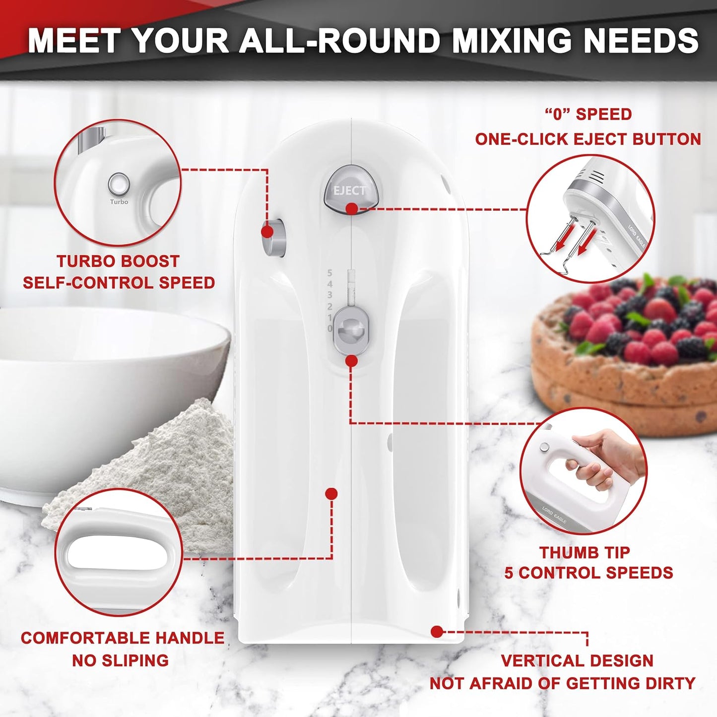 Lord Eagle Hand Mixer Electric Handheld 400W, 5-Speed Lightweight Kitchen Mixer with Storage Case, 5 Stainless Steel Attachments for Baking Cake Egg Cream Food Beater, Turbo+Eject Button