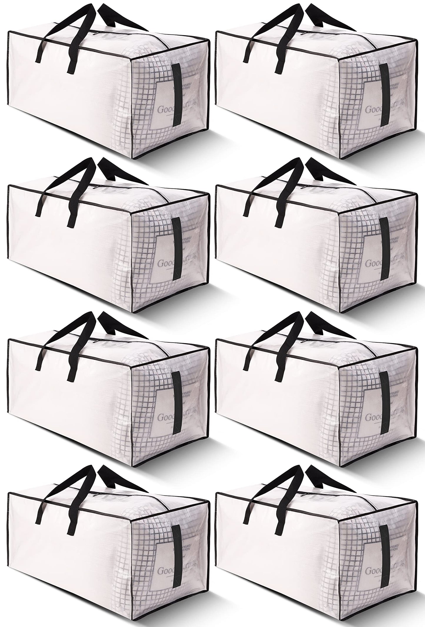 8 Pack Large Strong Moving Bags with Zippers & Carrying Handles - Water-Resistant - Heavy Duty Storage Tote for Space Saving, Fold Flat, Alternative to Moving Box (Semi-Transparent)