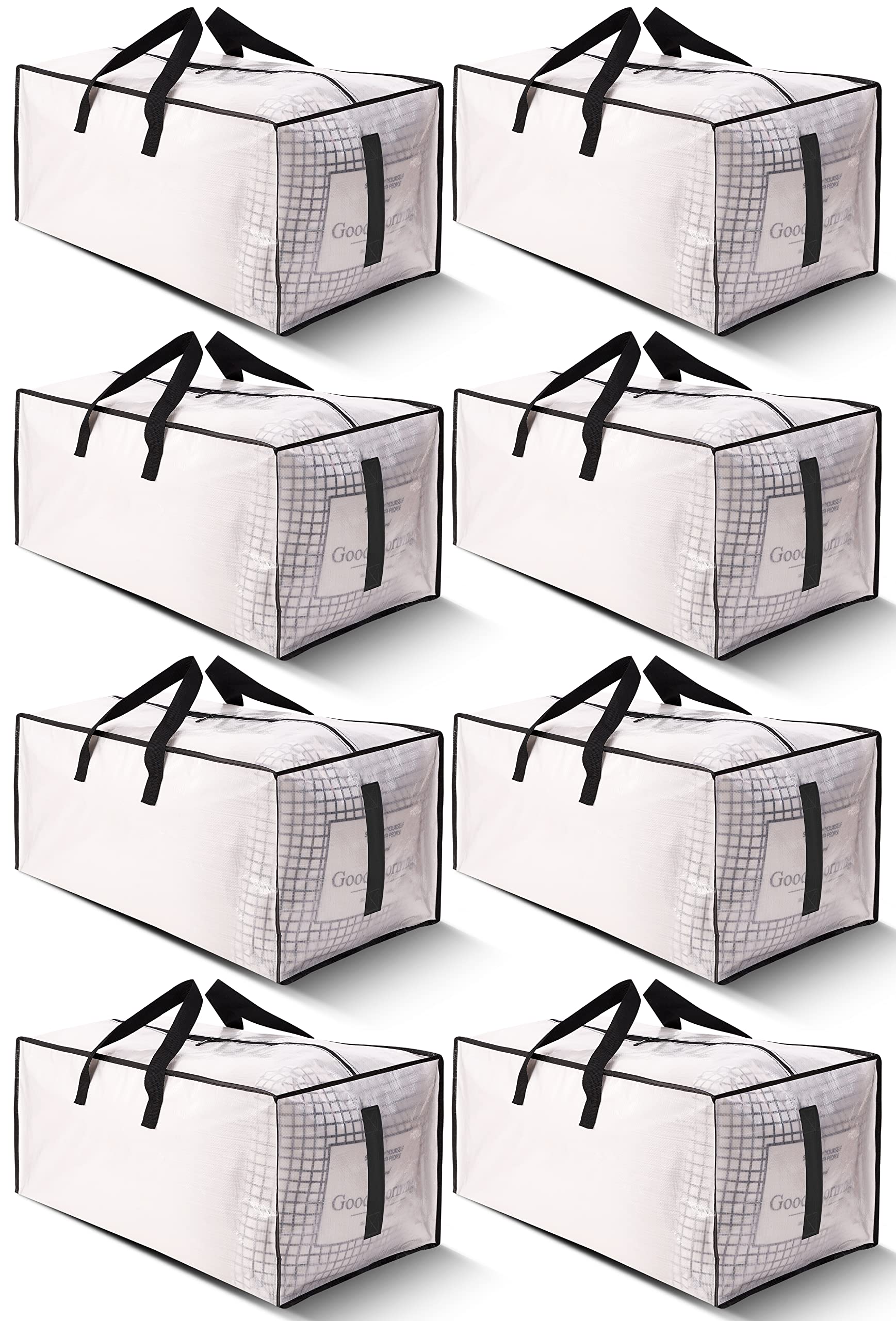 8 Pack Large Strong Moving Bags with Zippers & Carrying Handles - Water-Resistant - Heavy Duty Storage Tote for Space Saving, Fold Flat, Alternative to Moving Box (Semi-Transparent)