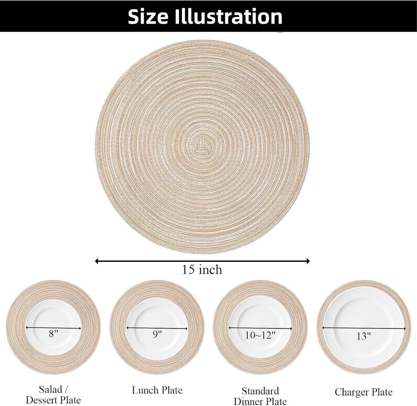SHACOS 15 inch Round Braided Placemats Set of 6 Cotton Polyester Place Mats Non Slip Heat Resistant Washable Table Mats for Kitchen Dining Party Table Decor (Beige, 6)