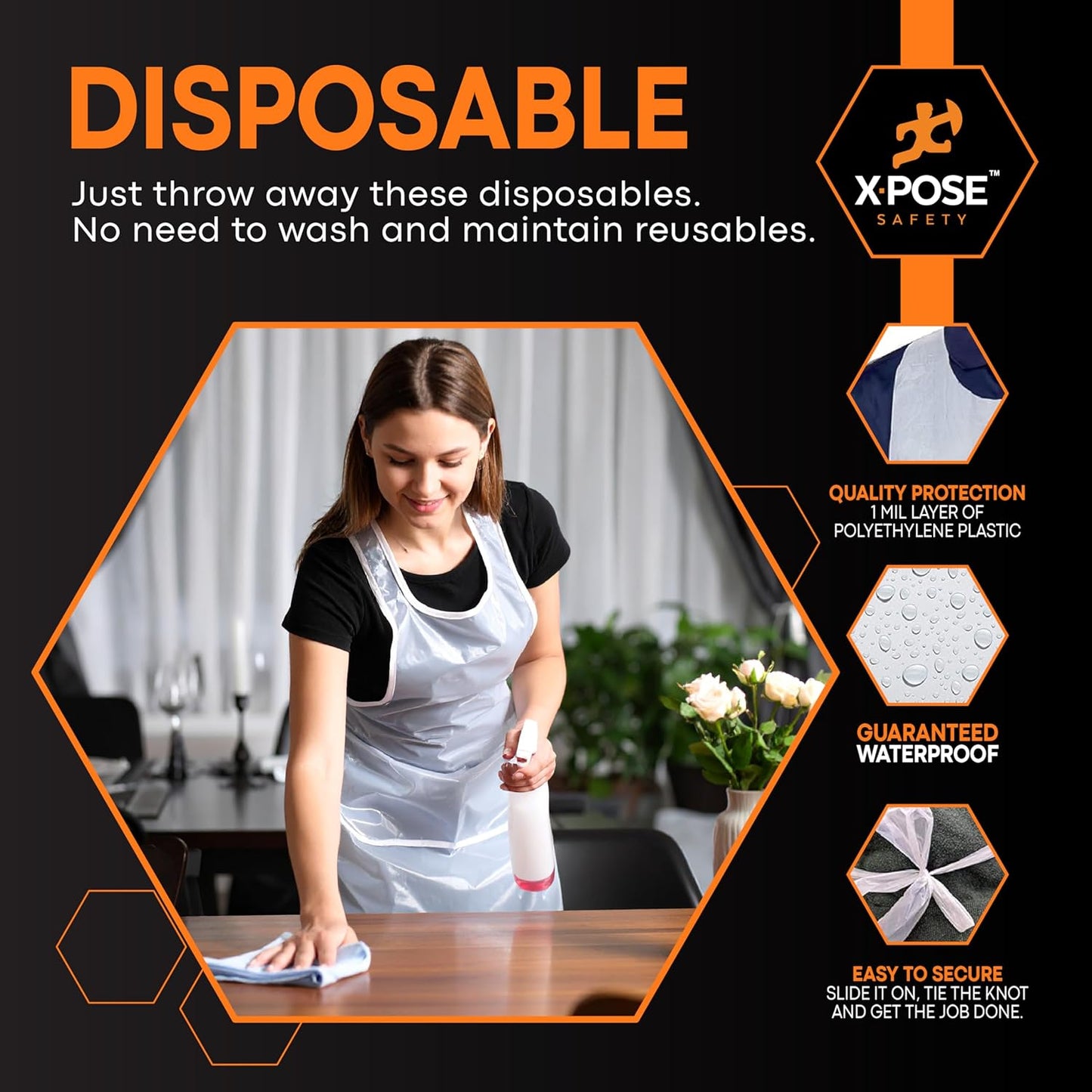 Xpose Safety 100 White Plastic Disposable Aprons for Cooking & more Individually Packaged, Durable 1 Mil Waterproof Polyethylene 24" x 48"