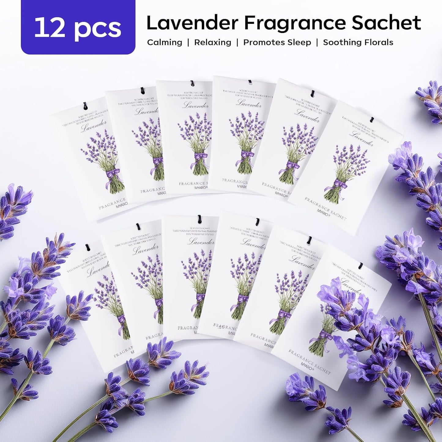 MYARO 12 Pack Lavender Scented Sachets | Odor Eliminator & Air Freshener for Drawer, Closet, Car, Shoes, Gym Bag, Suitcase | Home Fragrance Gift Set