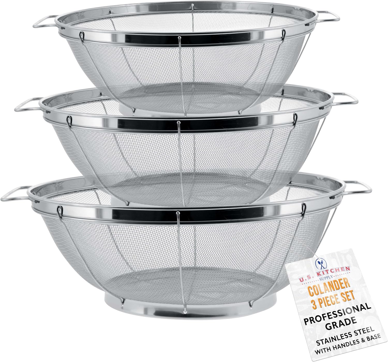 U.S. Kitchen Supply Set of 3 Stainless Steel Colander Strainers Net Baskets 5, 4, & 3-Quart - Colander with Handles & Resting Base - Stainless Steel Sieve, Mesh Strainers and Colanders for Kitchen